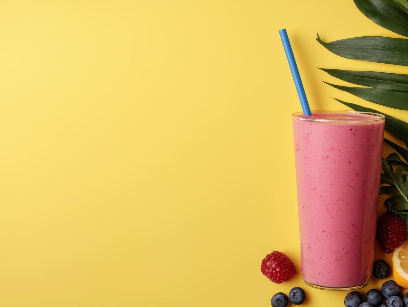 Pink smoothie with berries and tropical leaves photo