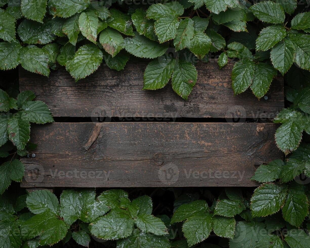 Dark wooden sign surrounded by lush green leaves photo