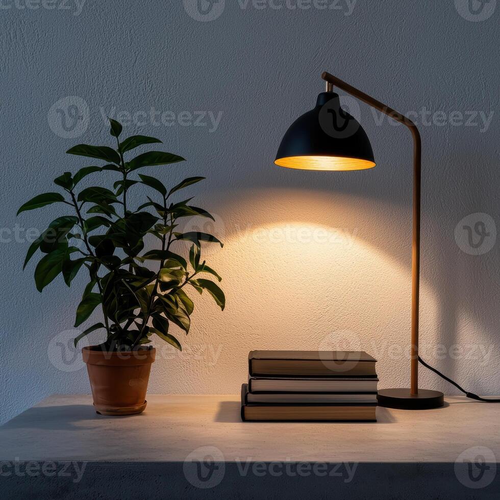 Cozy reading corner with a lamp and plant photo