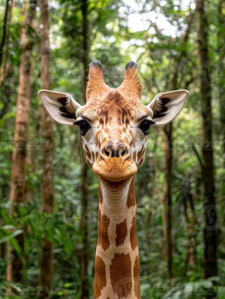 Closeup of a giraffes face in a forest photo