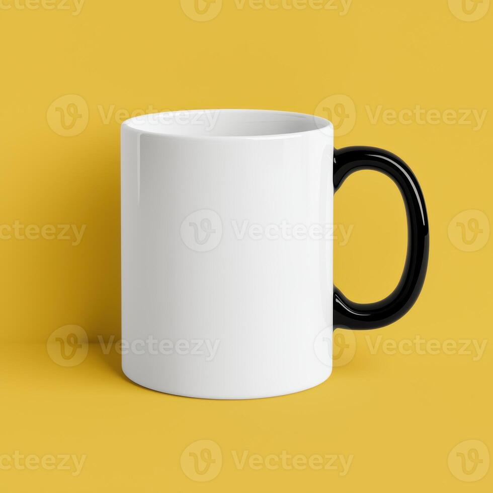 A plain white mug with black handle on yellow background photo
