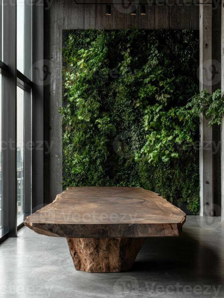 Modern minimalist living room with a large wooden table and a green wall photo