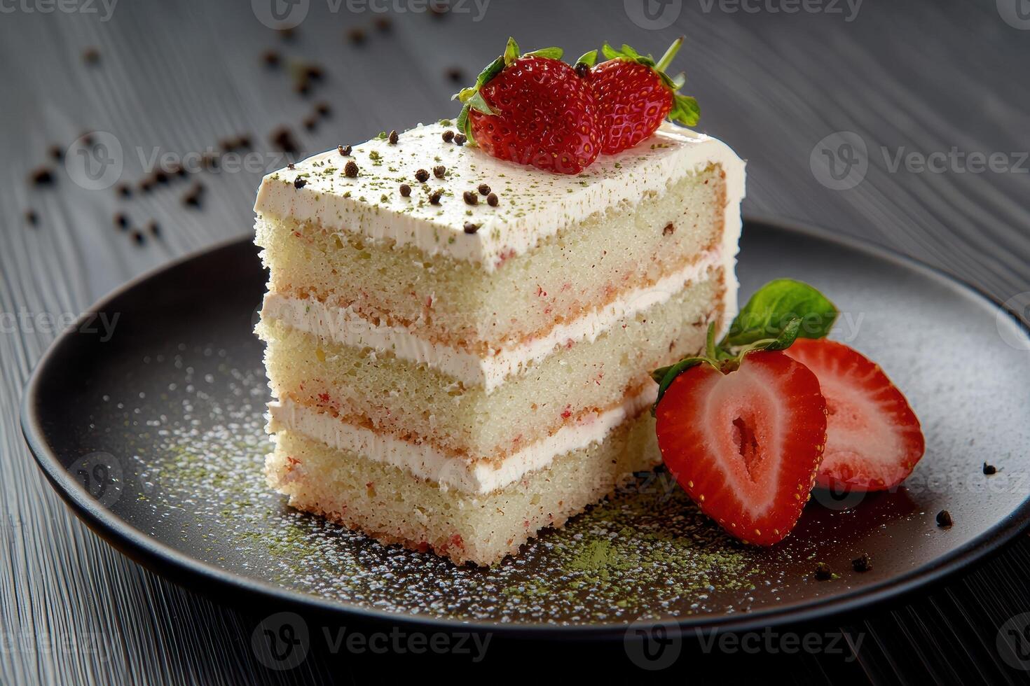 Delicious strawberry cake slice on a dark plate photo