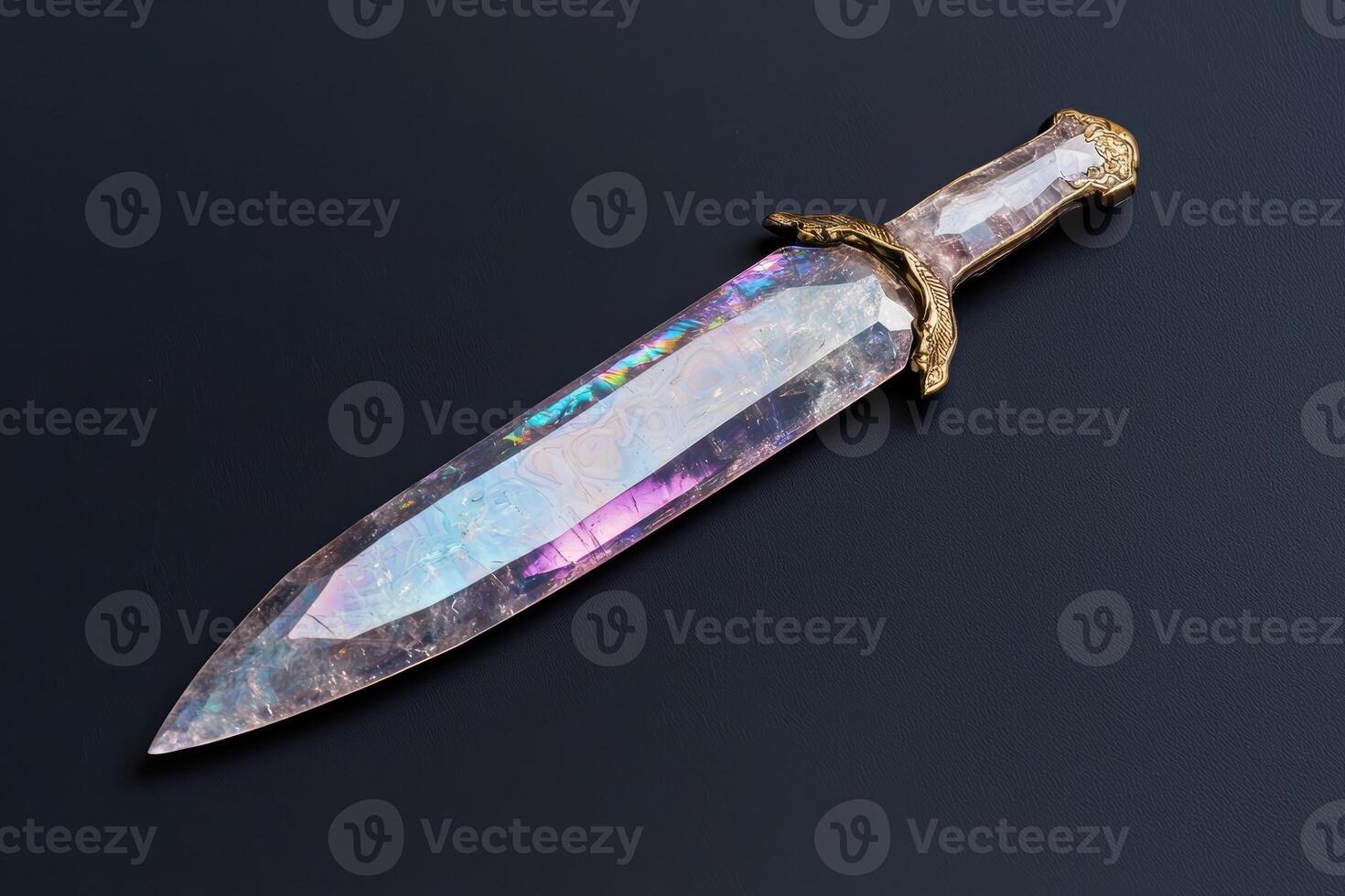 Amethyst dagger with gold handle on dark background photo
