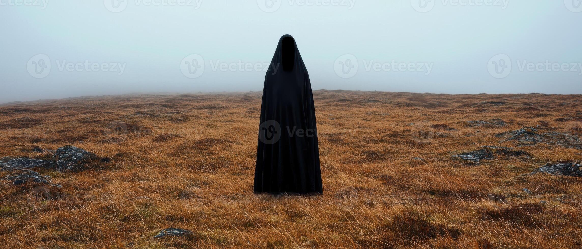 Mysterious figure in a black robe standing in a foggy field photo