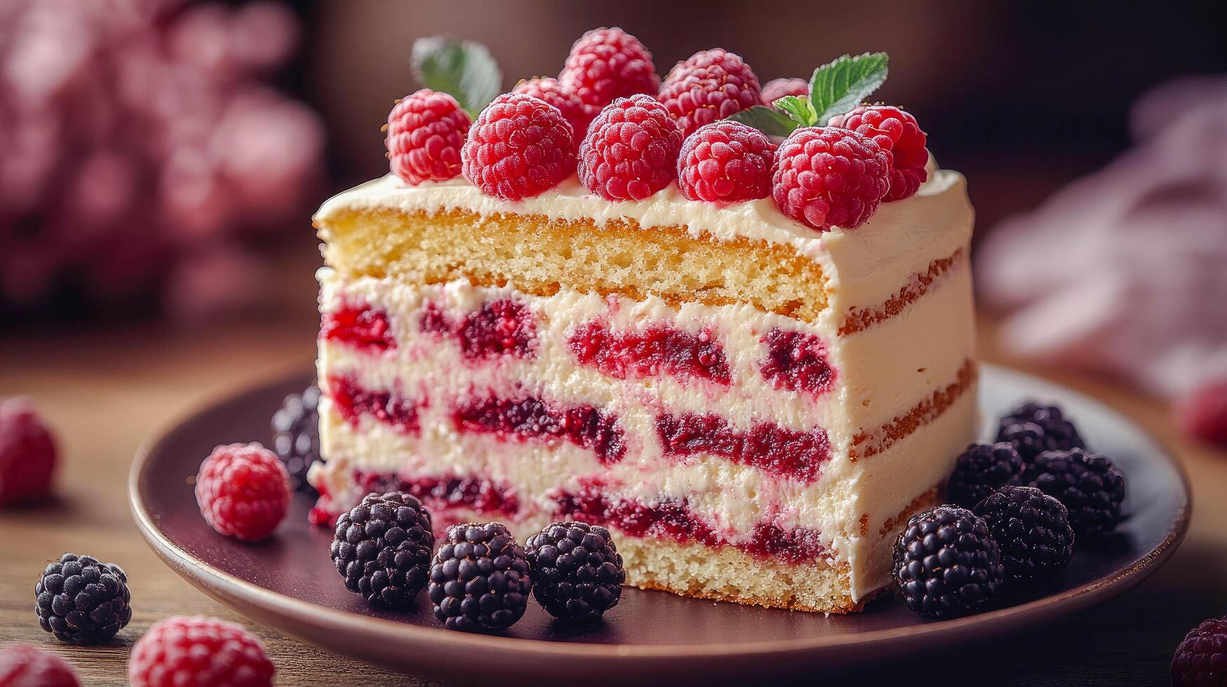 A piece of cake with raspberries and cream on top photo