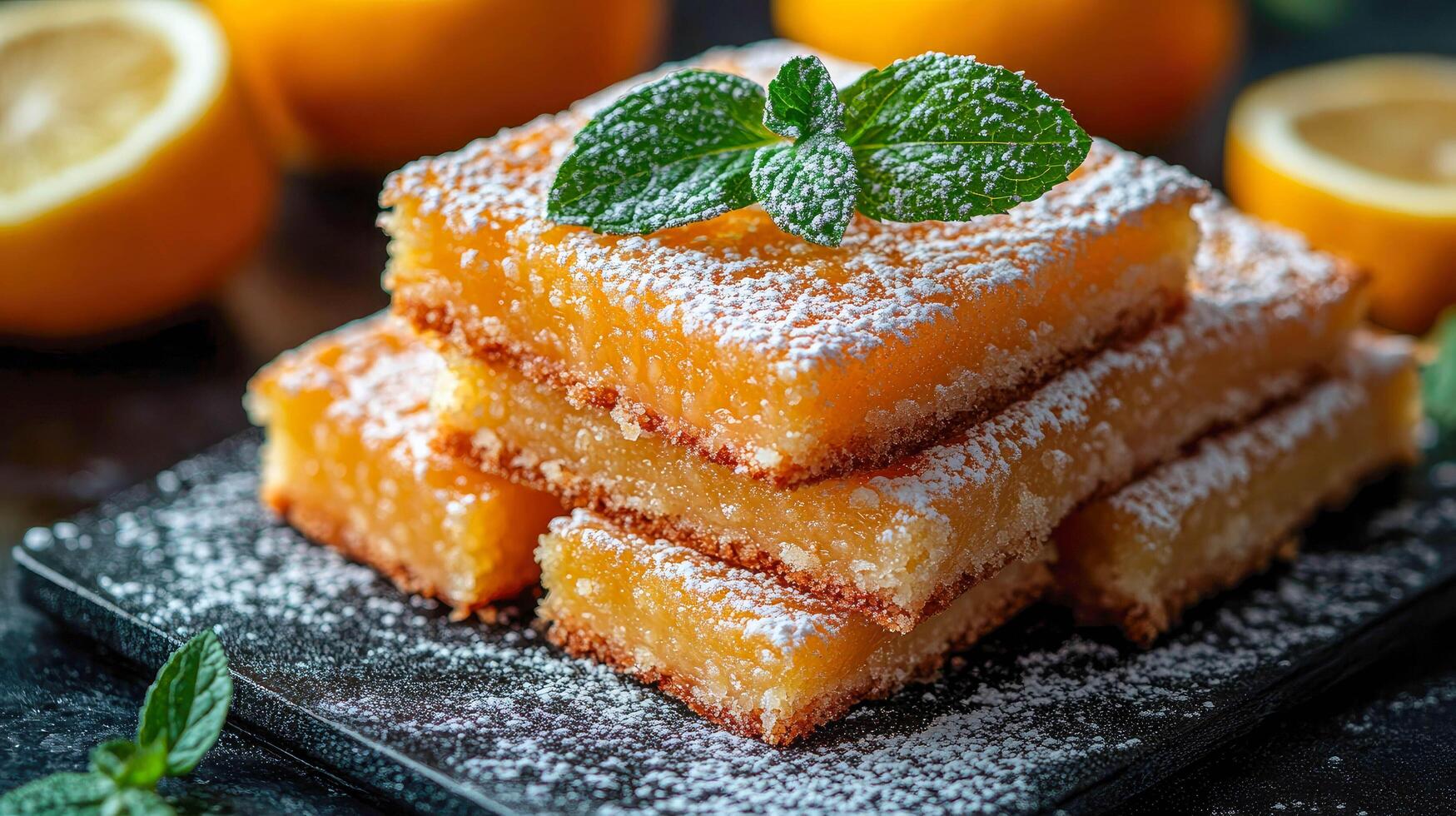 A stack of lemon bars with powdered sugar and mint leaves photo