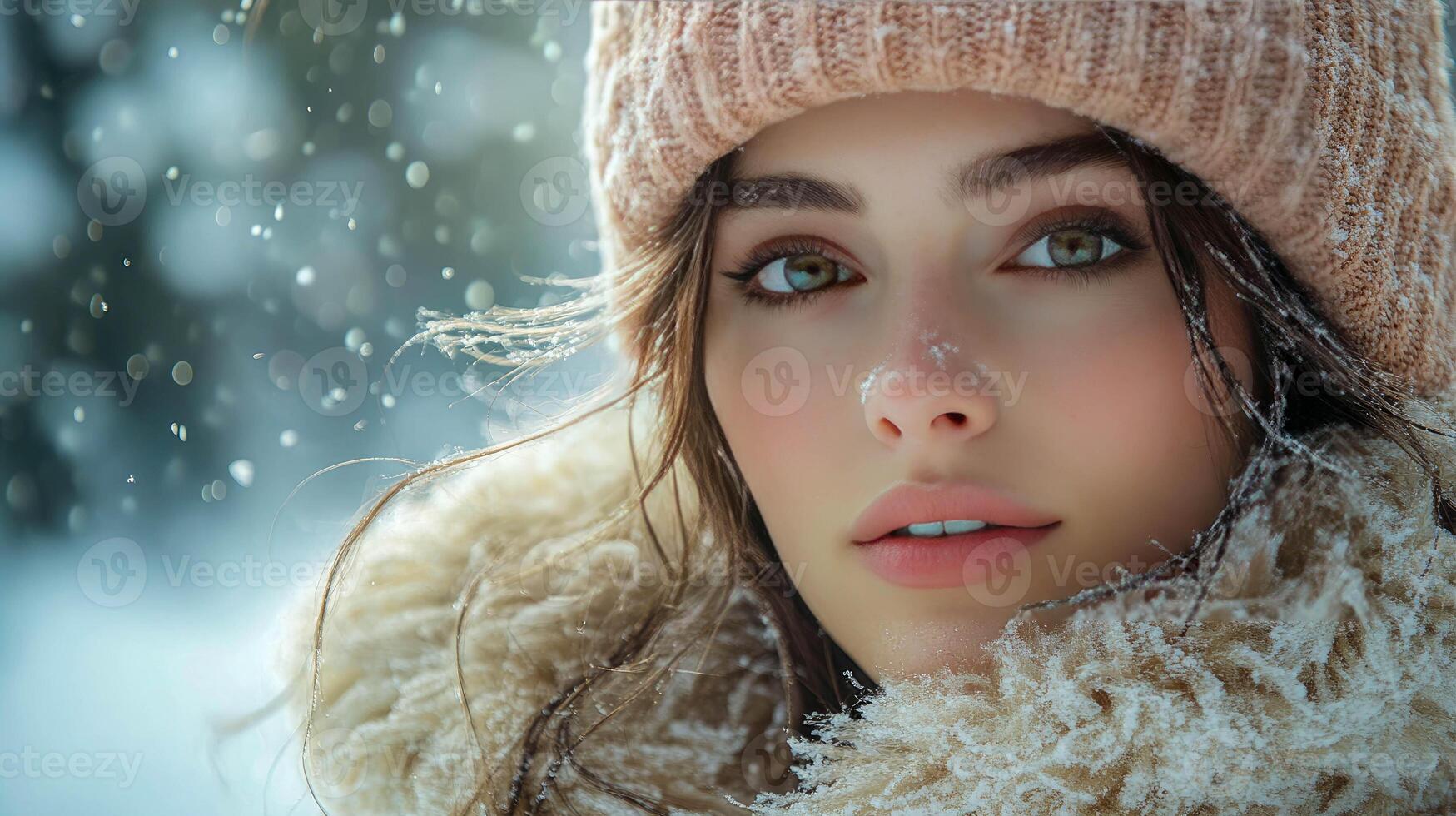 Close-up of a woman in a winter hat and fur scarf with snowflakes falling softly, highlighting her natural beauty and serene expression photo