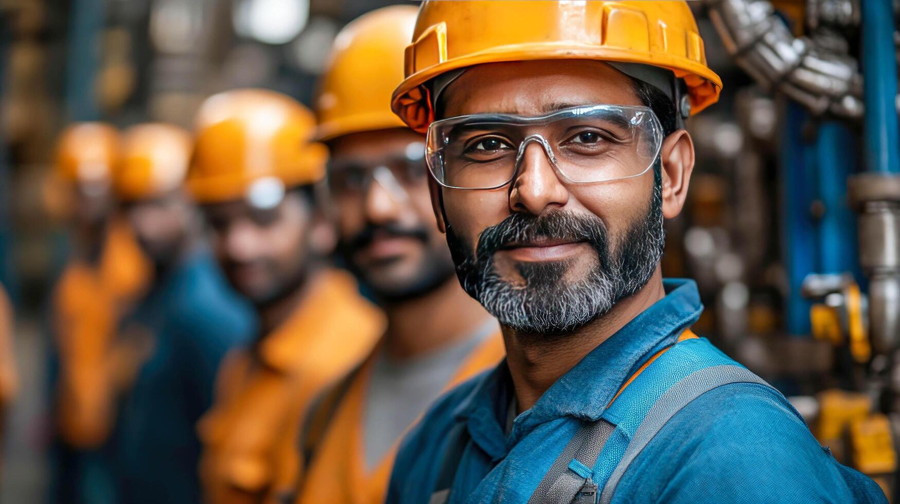 A man in a hard hat and glasses standing in front of a group of men photo