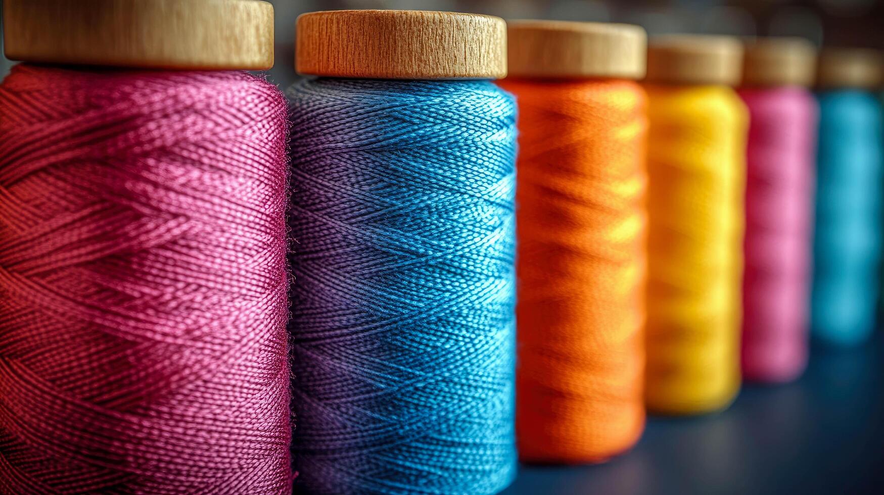A row of spools of thread with wooden handles photo