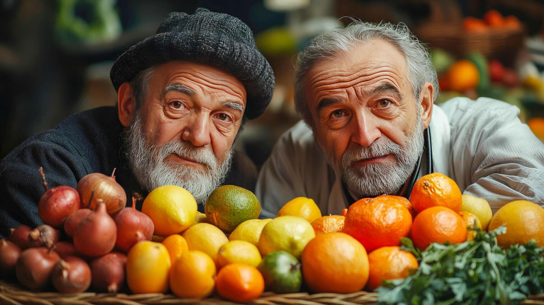 Two market vendors examining a vibrant array of fresh fruits and vegetables photo