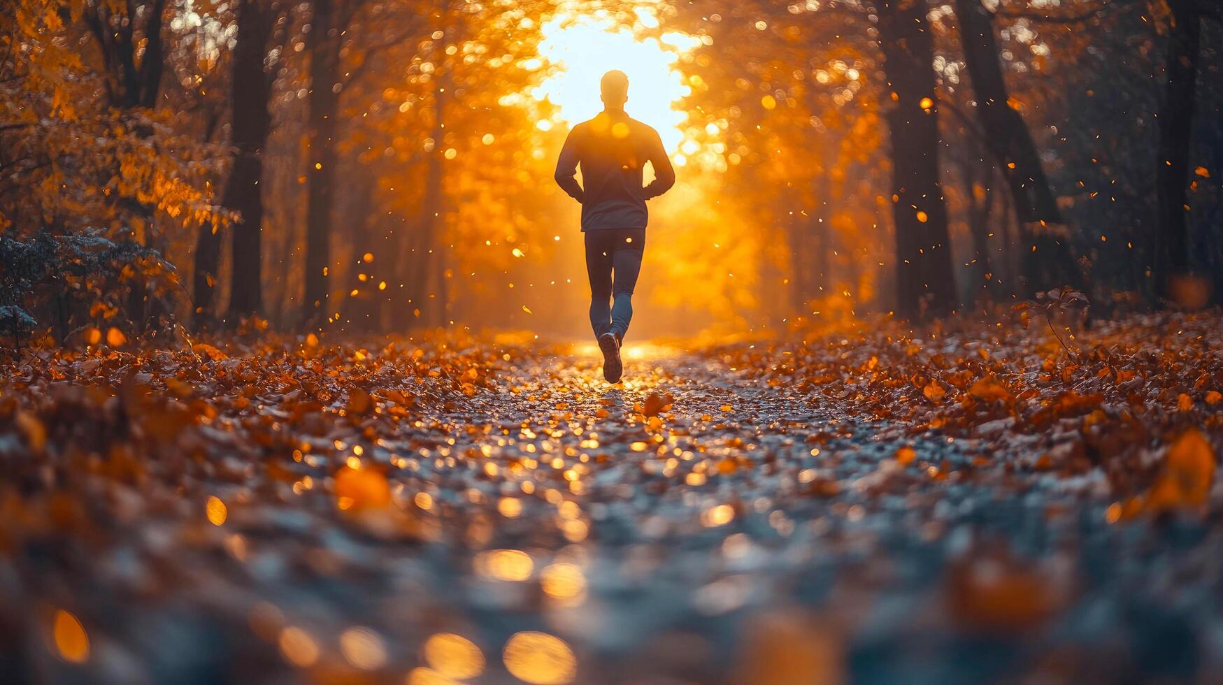 Senior man with gray hair jogging through a golden autumn forest during photo