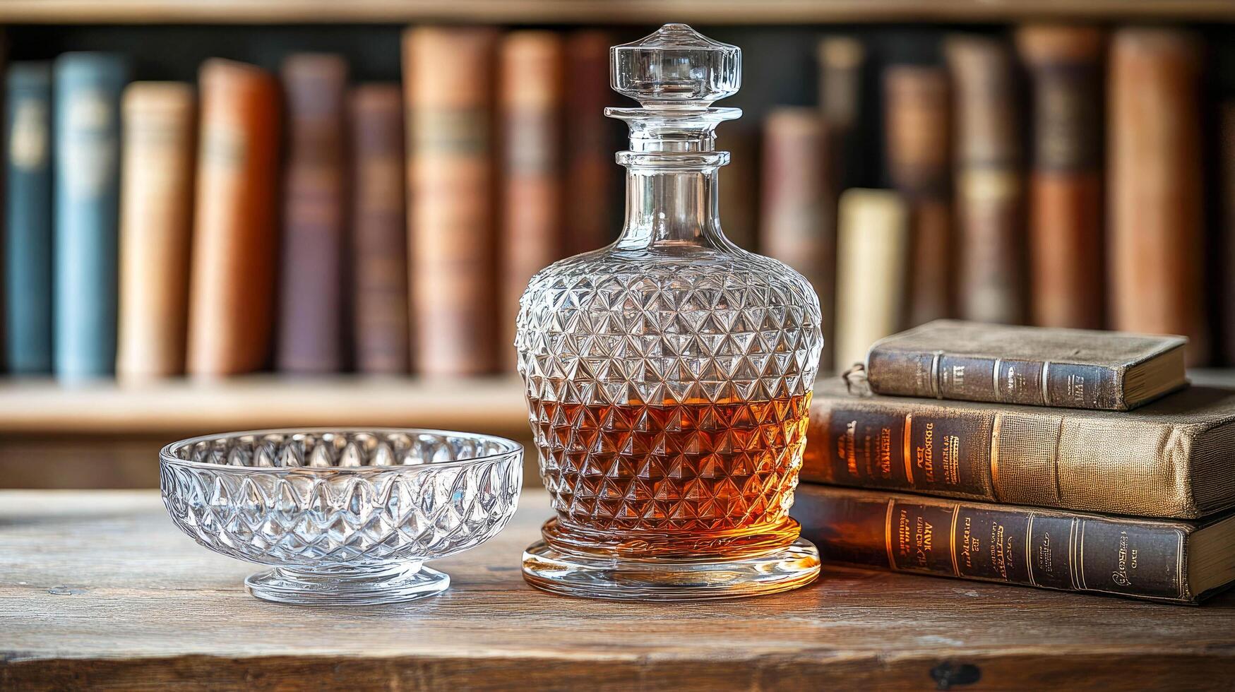 A glass decanter and a bowl sit on a table next to books photo