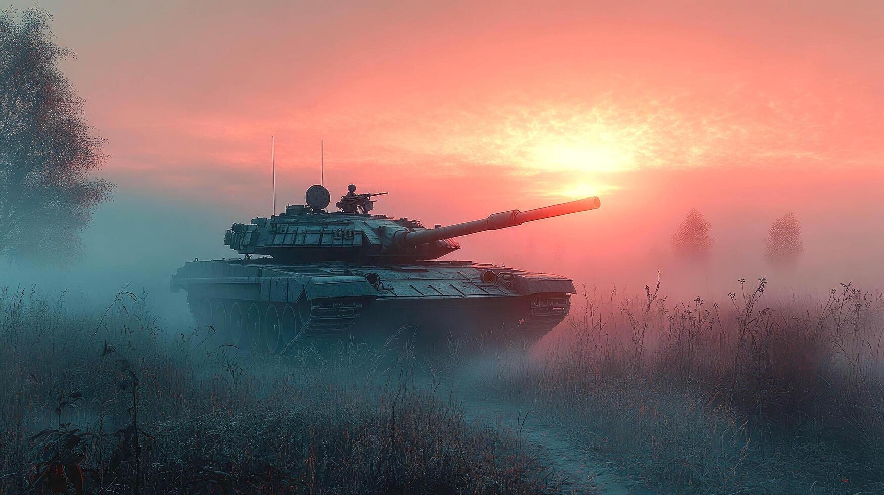 A tank is driving through a foggy field photo