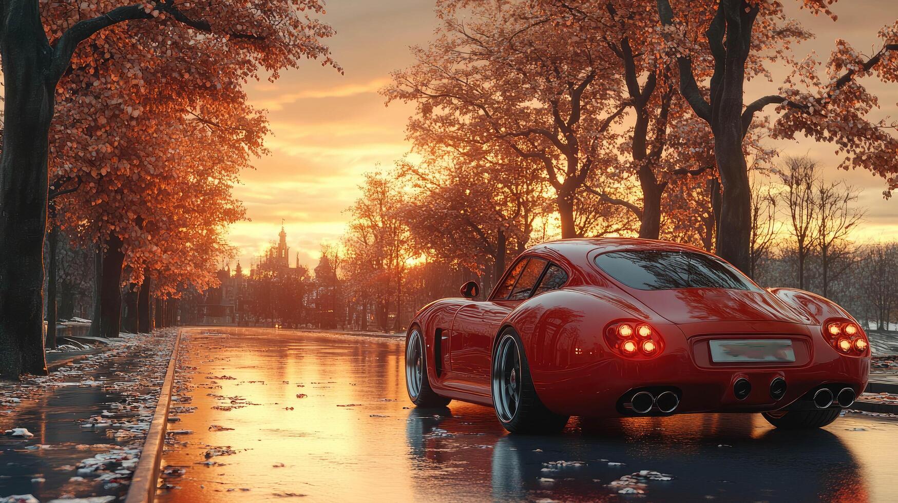 A vibrant red sports car parked on a wet city street, reflecting sunset hues photo