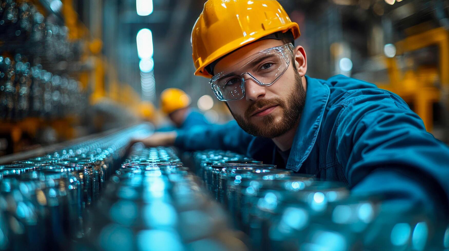 A factory worker in a hard hat and safety glasses, inspecting machinery photo