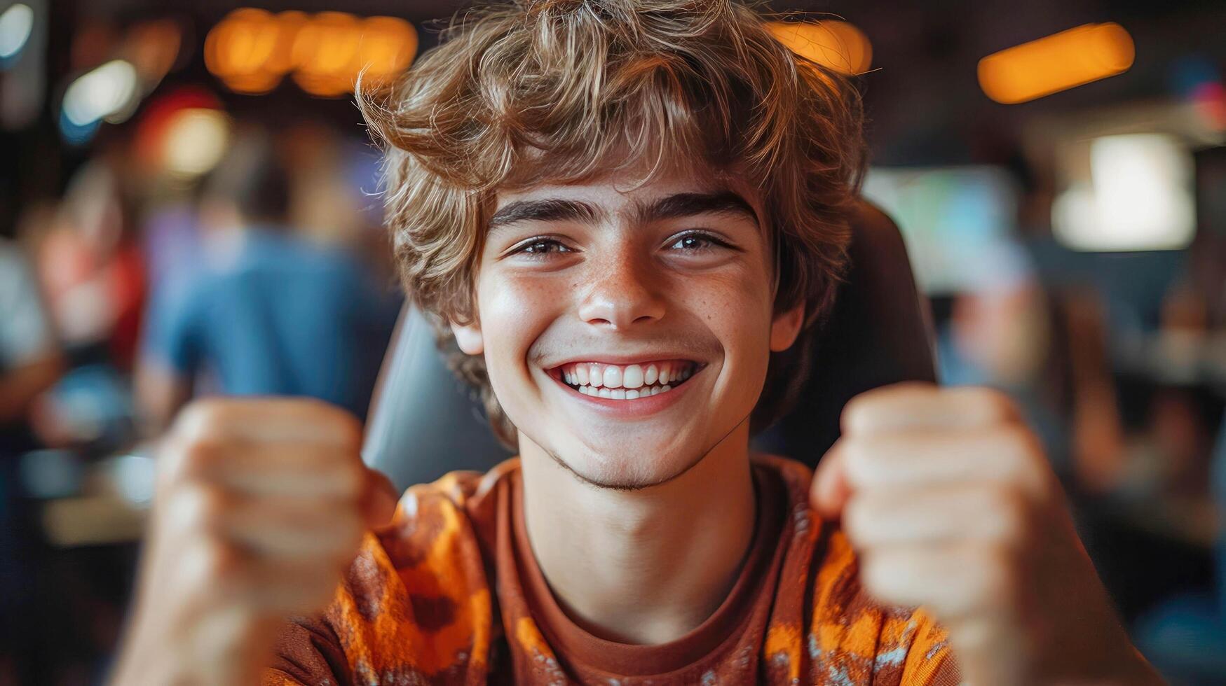 A young man is smiling and showing his fist photo