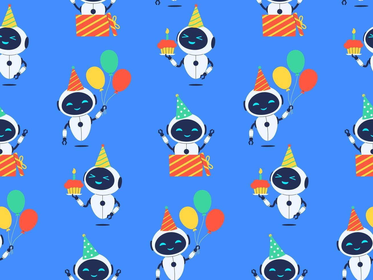 Seamless pattern featuring robots and birthday decorations. illustration for party designs, kids themes and tech inspired celebration backgrounds vector