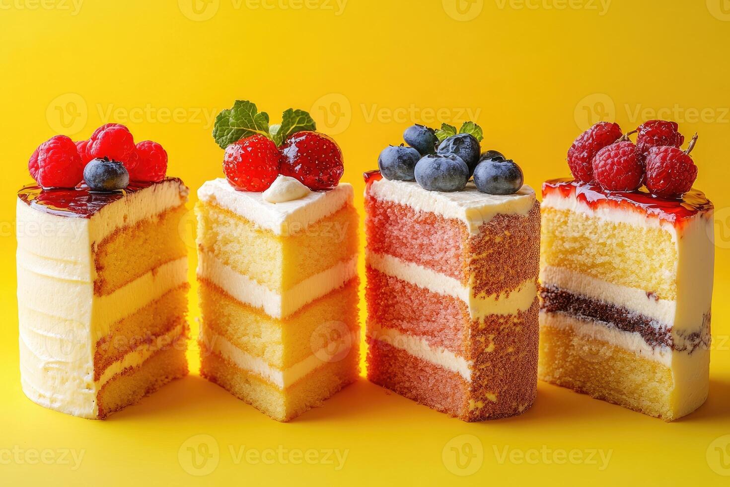 Delicious piece of cakes with fresh berries and whipped cream. photo