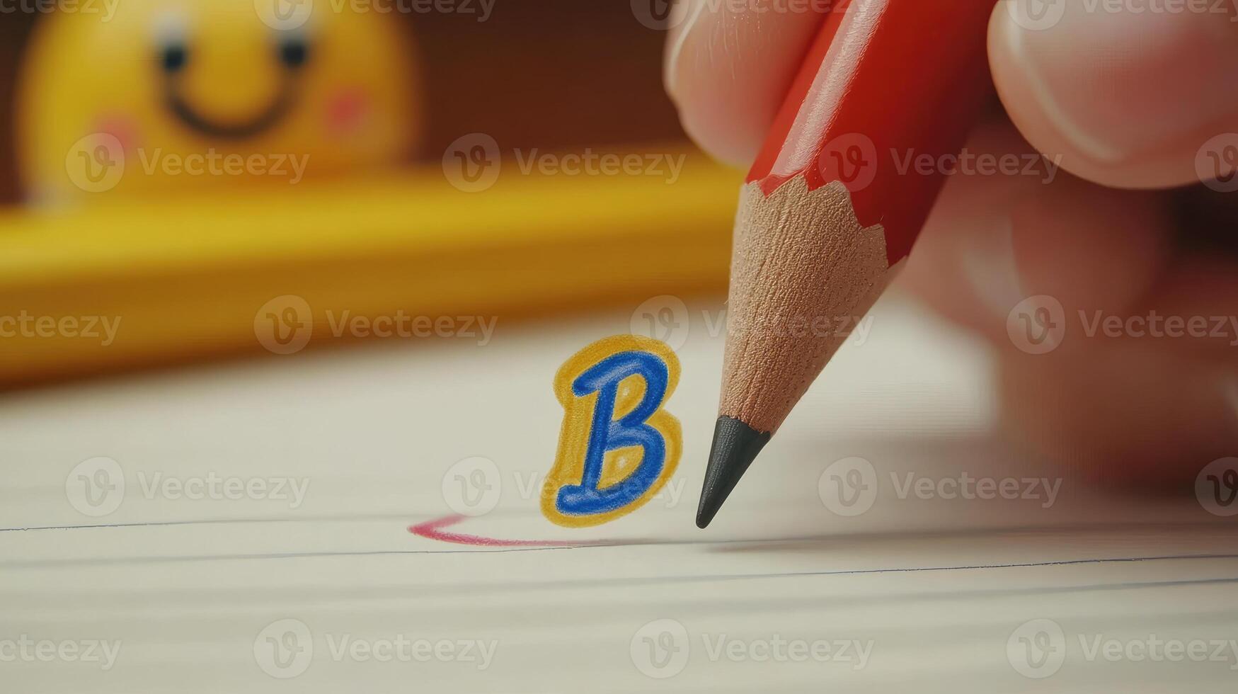 Student writing letter b with red pencil on notebook page with smiley face icon in background photo