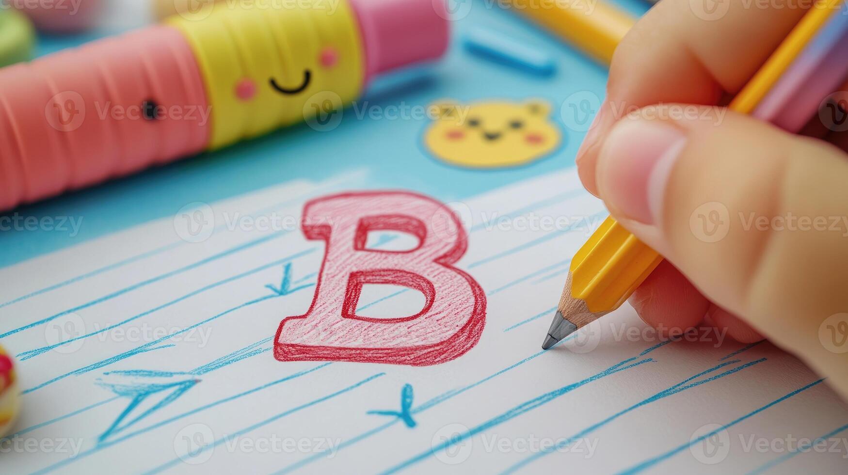 Child learning alphabet writing letter b with pencil on notebook at desk photo