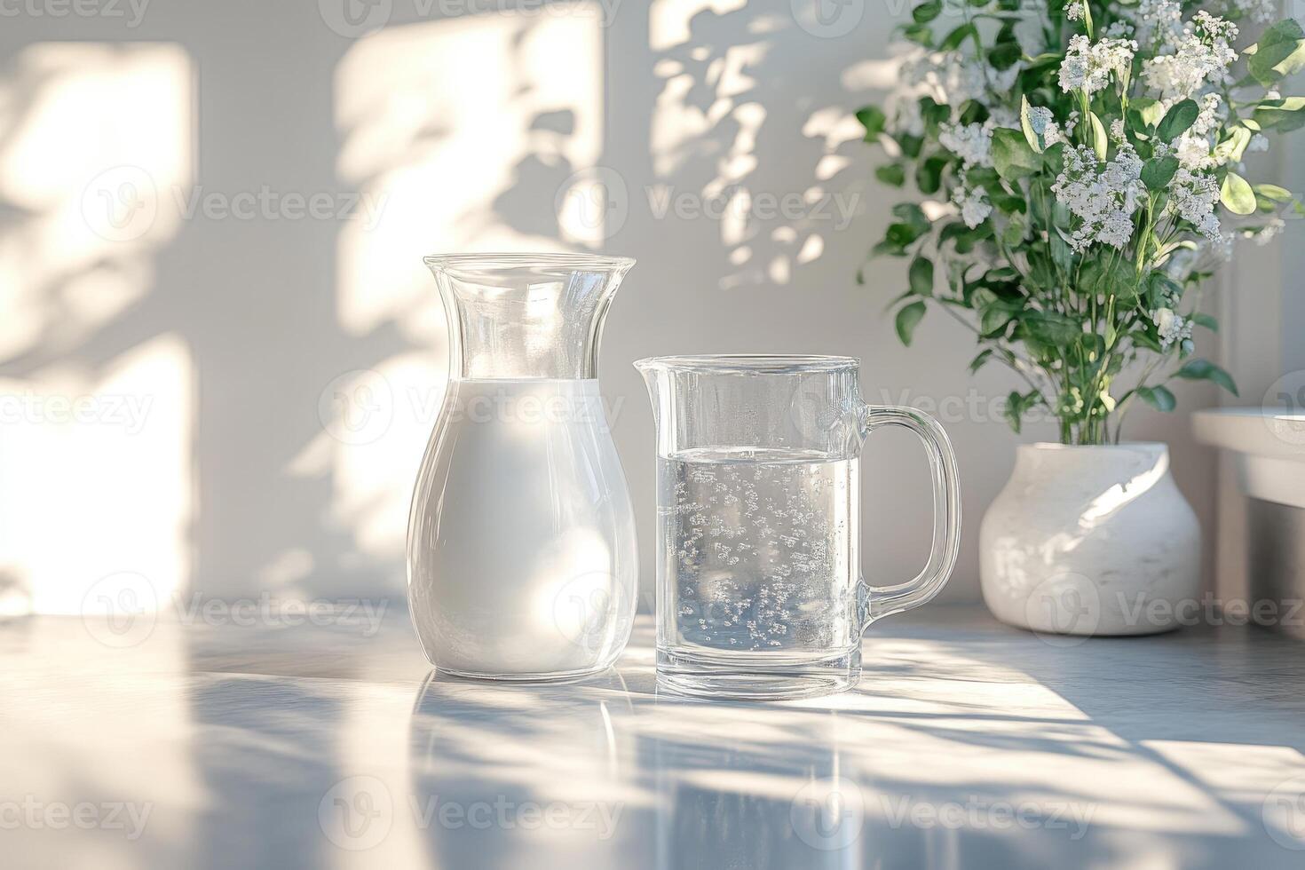 Sparkling water and milk jugs resting on kitchen counter with flowers photo