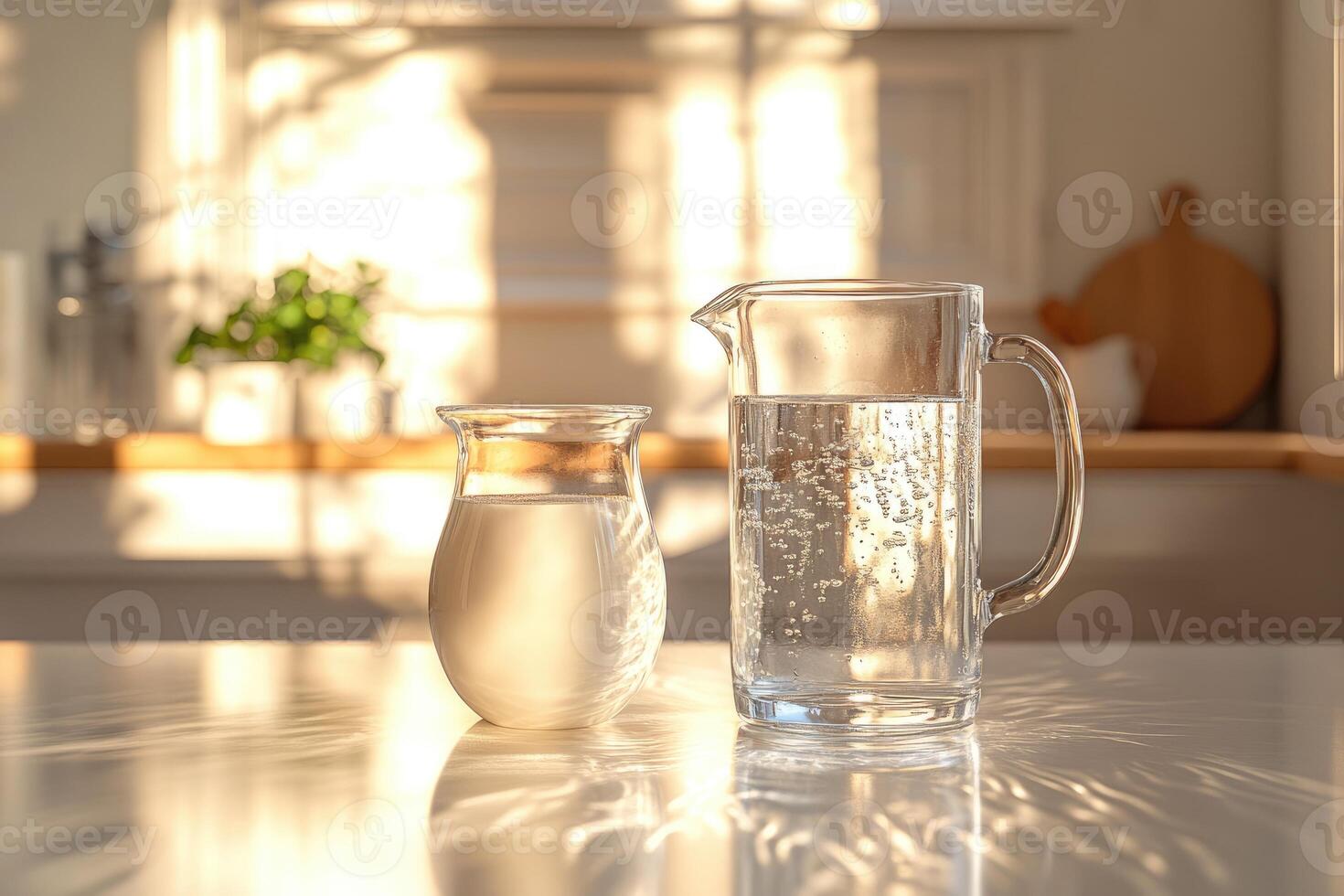 Sunlight illuminating glass pitcher of water and milk jug in kitchen setting photo