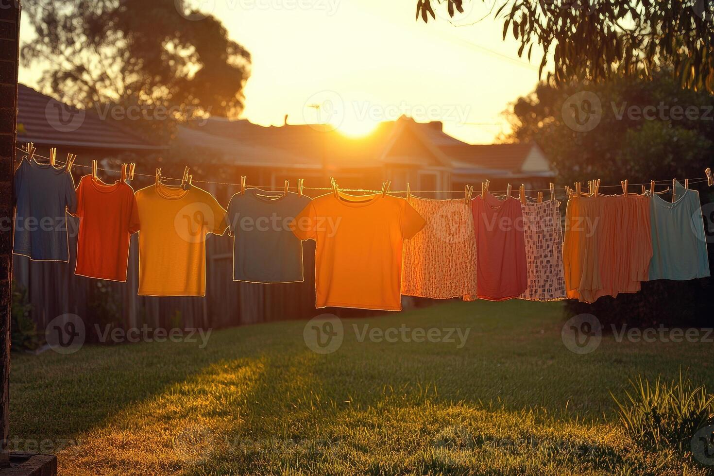 Clothes hanging on clothesline drying in beautiful sunset light in backyard photo
