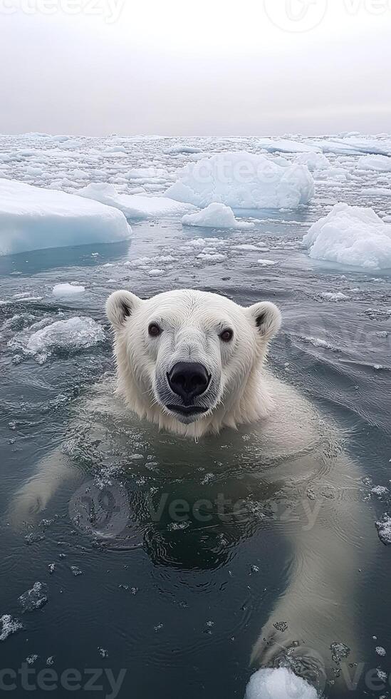 Polar bear swimming in arctic ocean with ice floes in background photo
