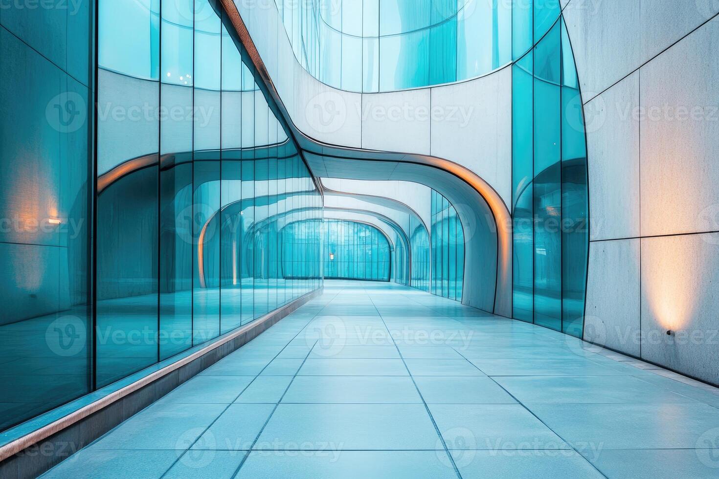 Modern glass corridor connecting buildings with curved walls and lights photo