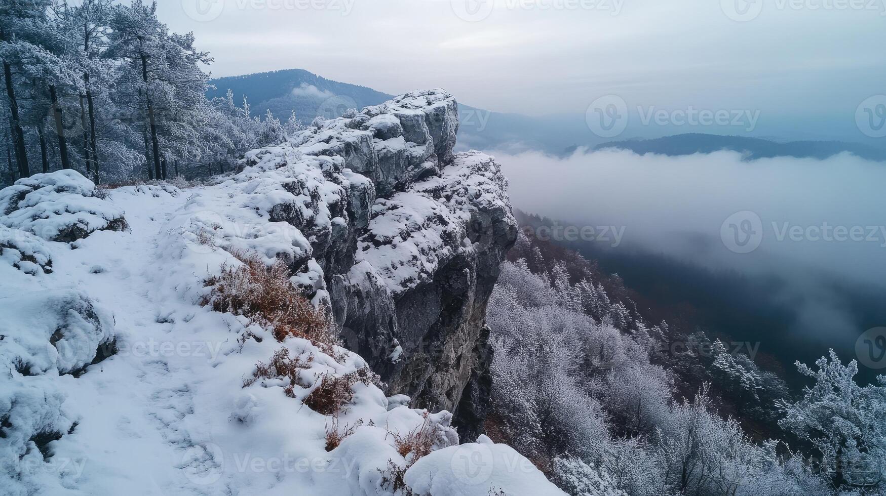 Snowy cliff overlooking misty valley in winter wonderland photo