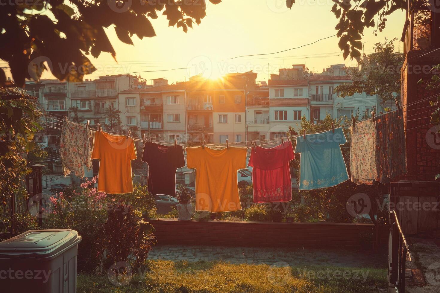 Clothes hanging on clothesline drying in sunset light in residential area photo