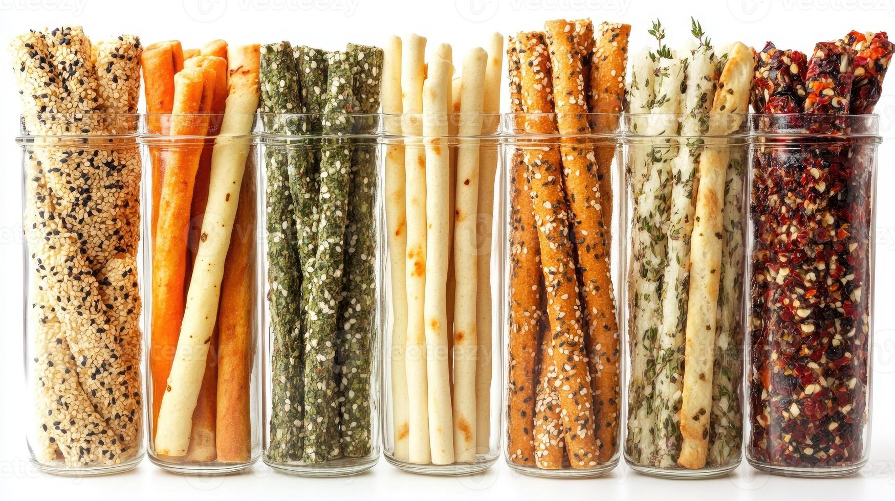 Variety of delicious breadsticks inside glass jars displaying different flavors and toppings photo