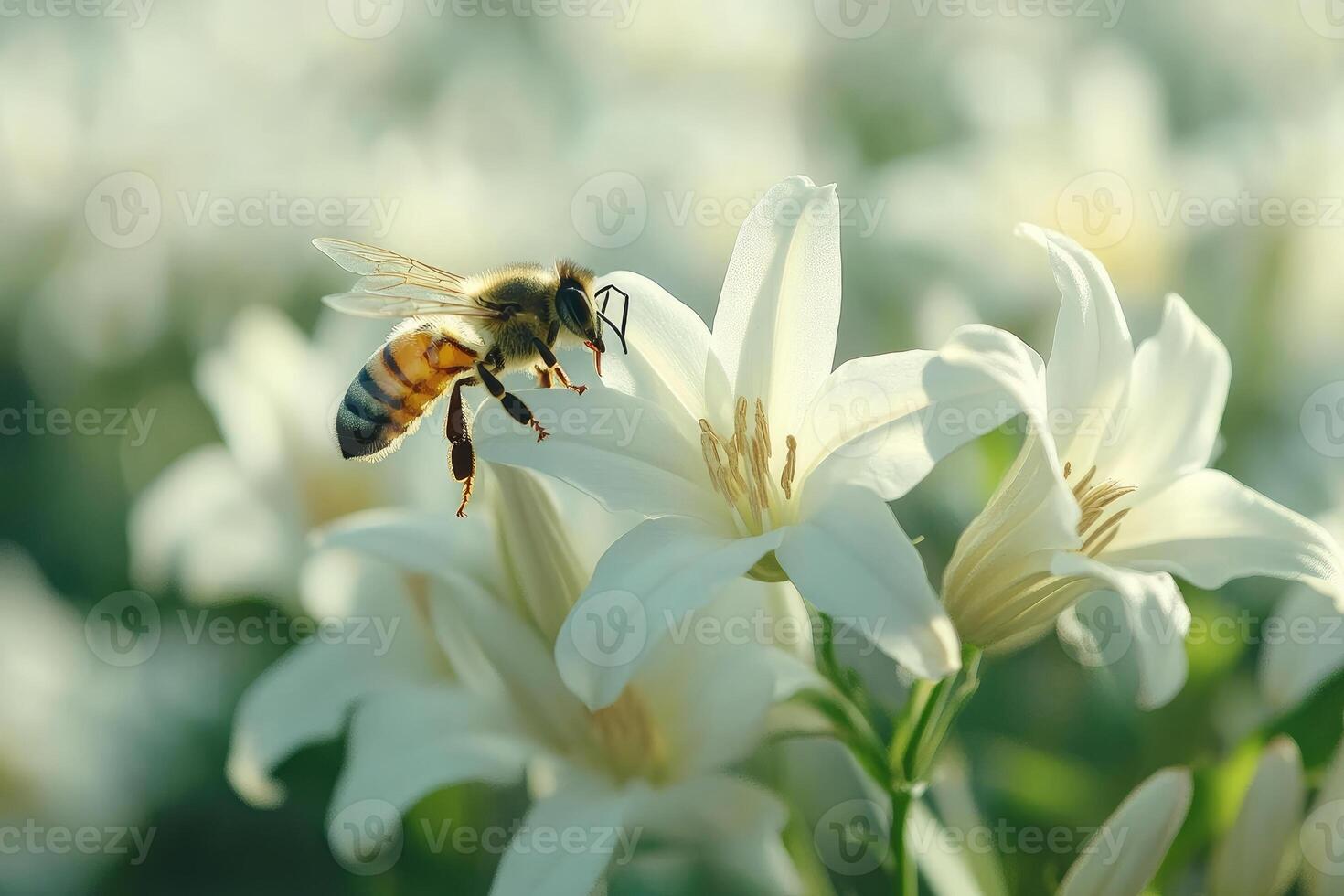 Honey bee gathering pollen from white lily flower in summer garden photo