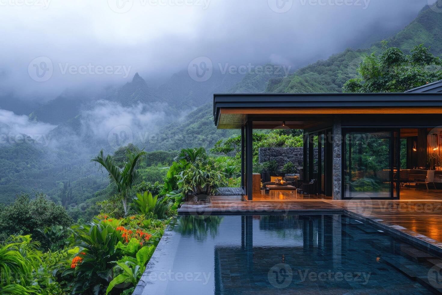 Modern house with infinity pool overlooking tropical rainforest mountains. photo