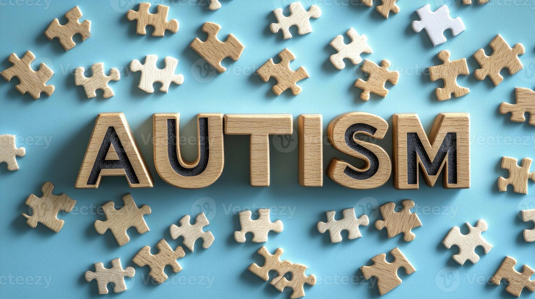 Autism awareness day concept with wooden letters and puzzle pieces photo