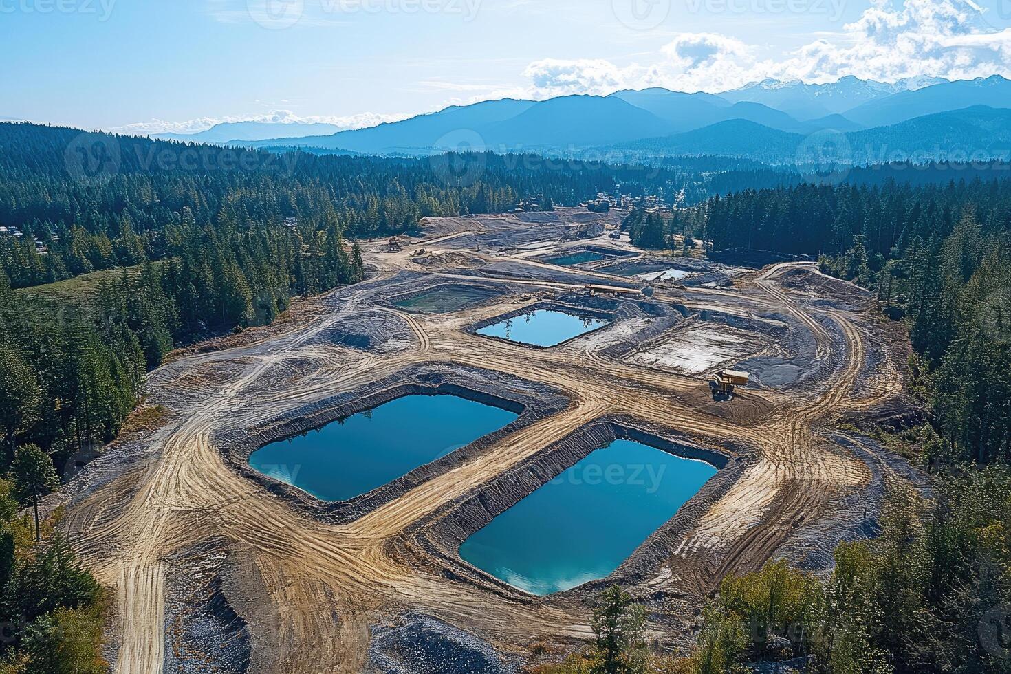 Water treatment plant being built in rural setting with mountains in background photo