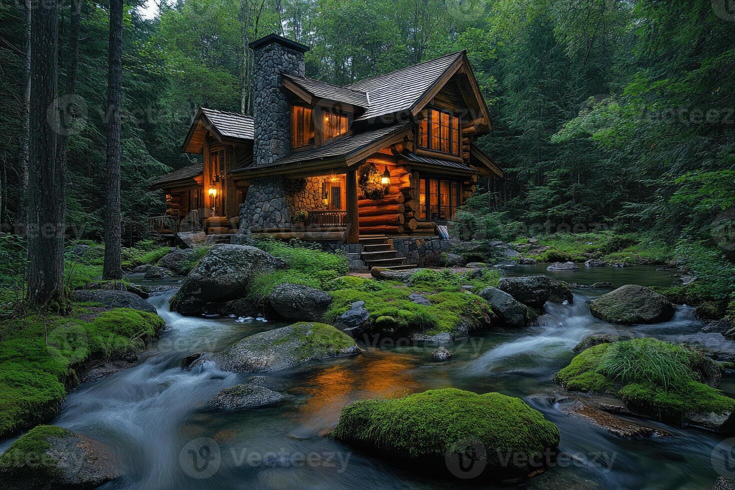 Cozy log cabin nestled in a lush forest setting with flowing river. photo