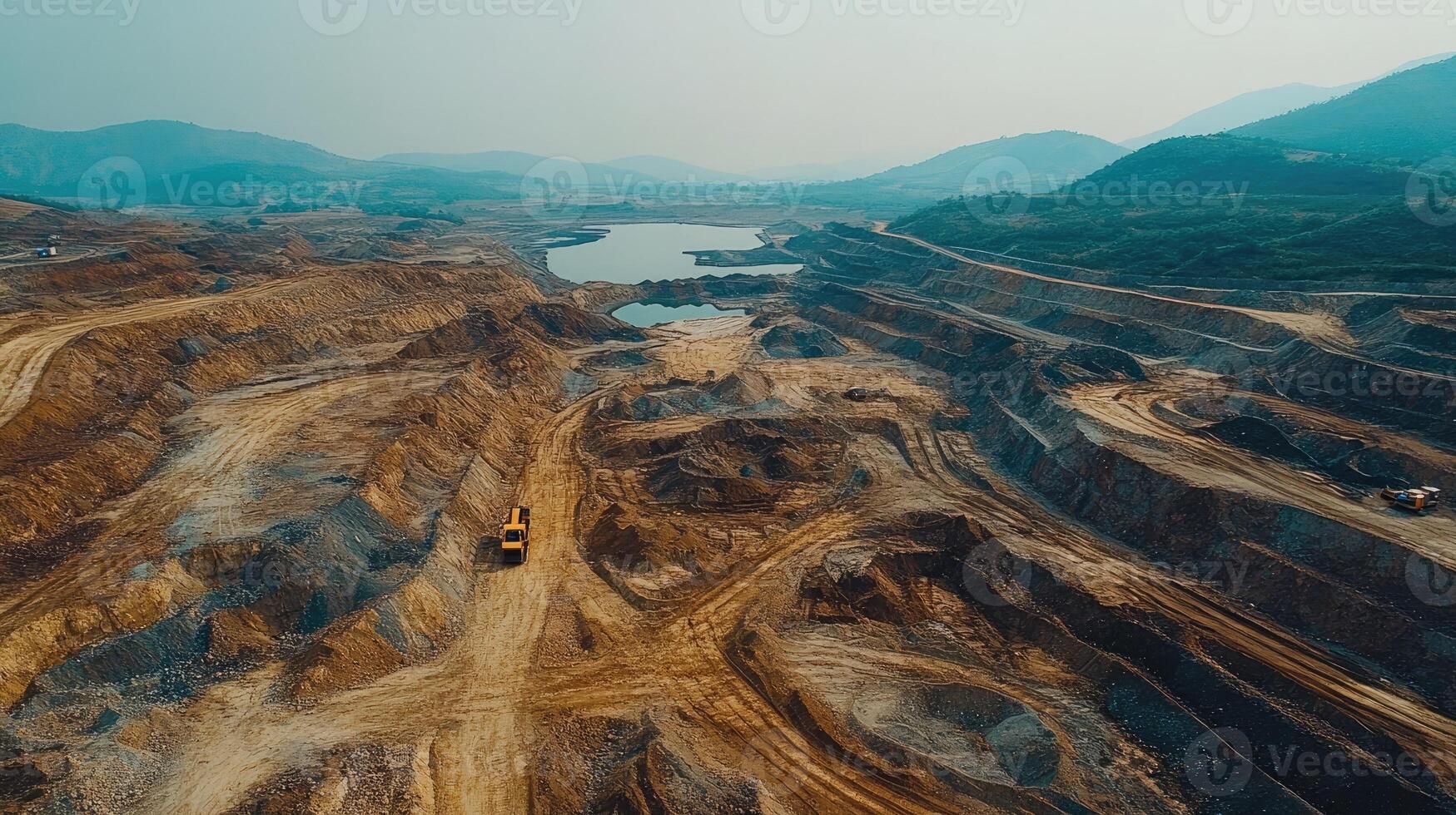 Mining truck working in open pit mine on sunny day photo