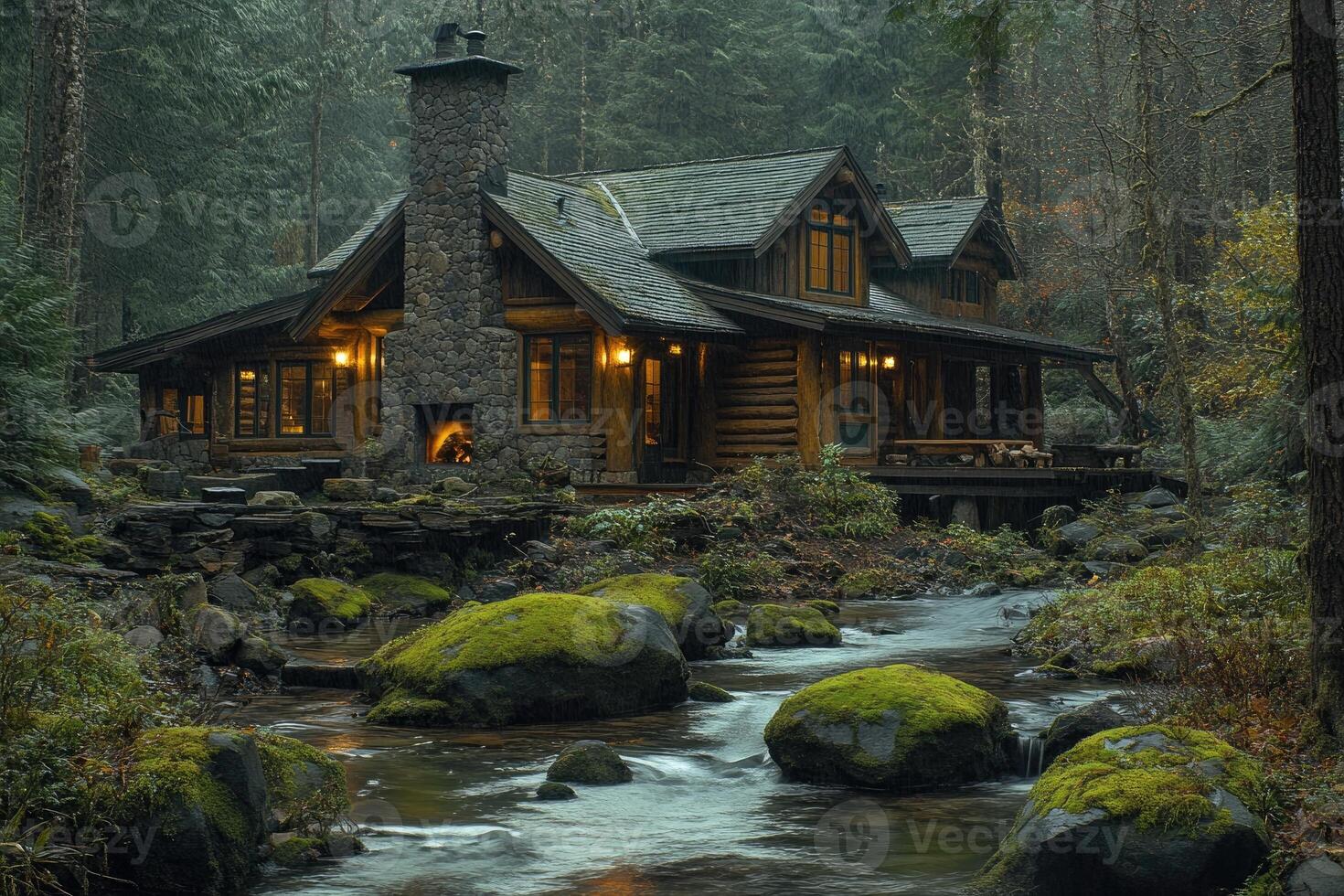 Cozy log cabin nestled in the misty forest by a stream. photo