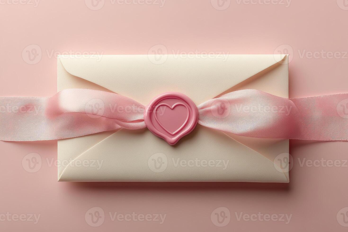 Romantic envelope tied with pink ribbon and heart-shaped seal on pink background photo