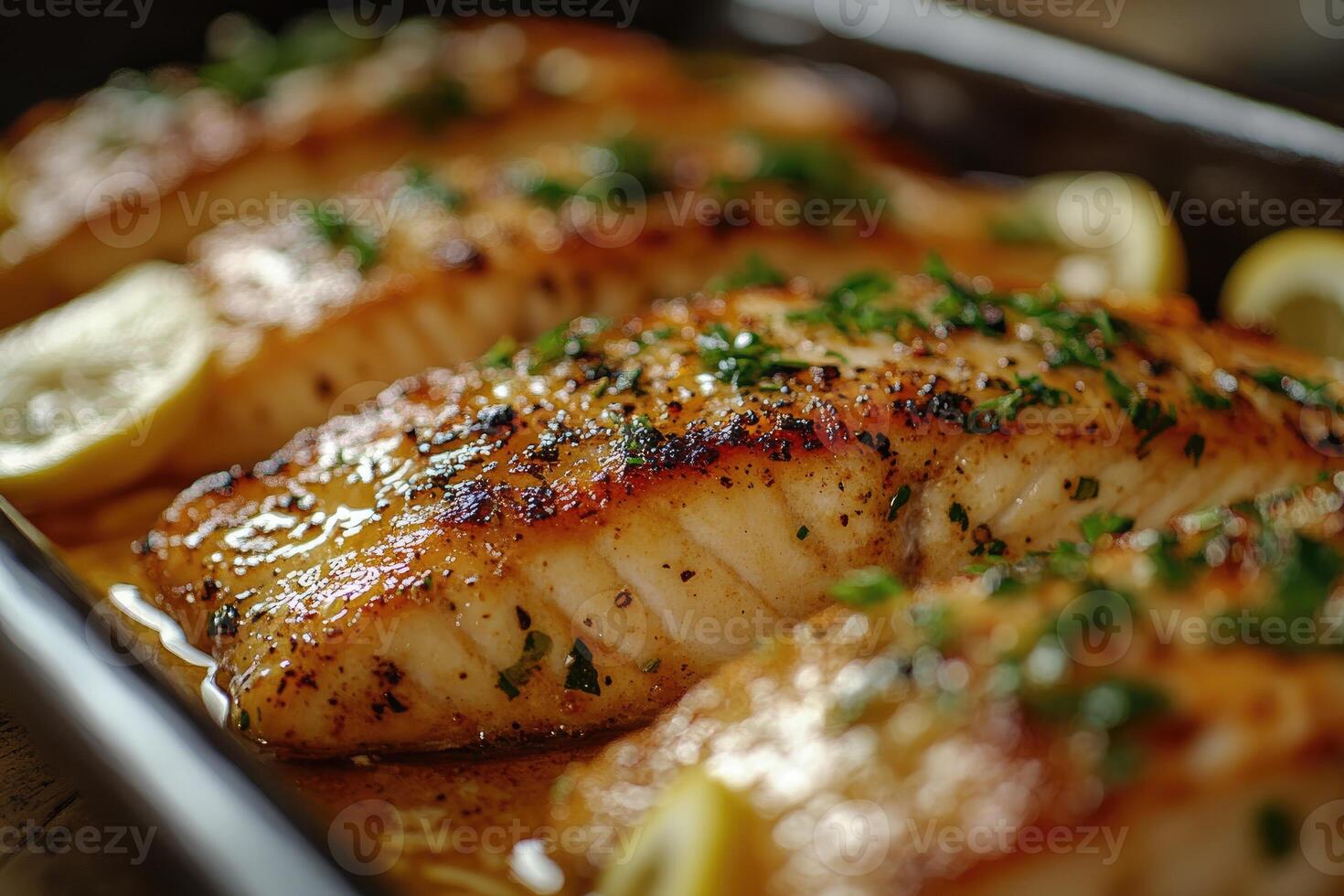 Delicious pan seared fish fillets with lemon and herbs baking in a pan photo