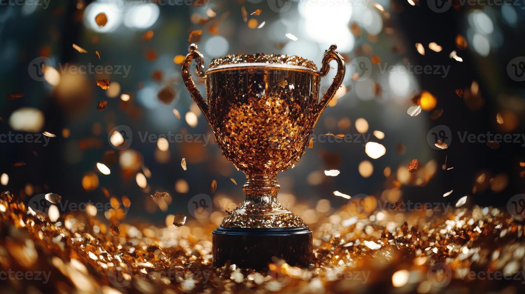 Golden trophy celebrating victory with falling confetti on dark background photo