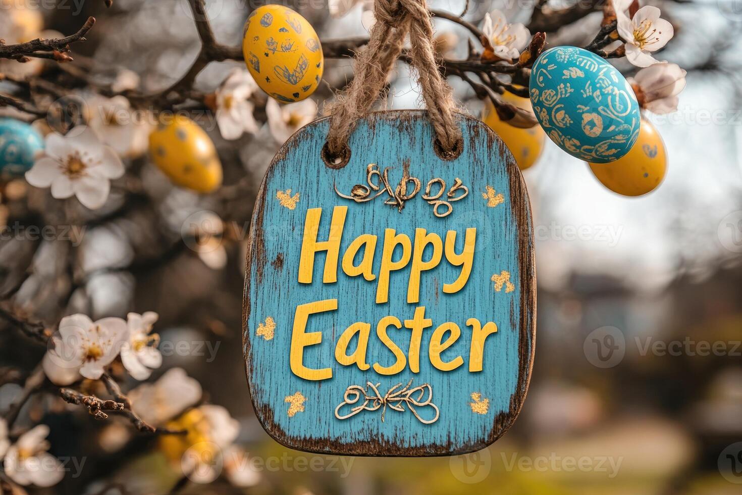 Happy easter sign hanging on blooming tree branch with colorful eggs photo