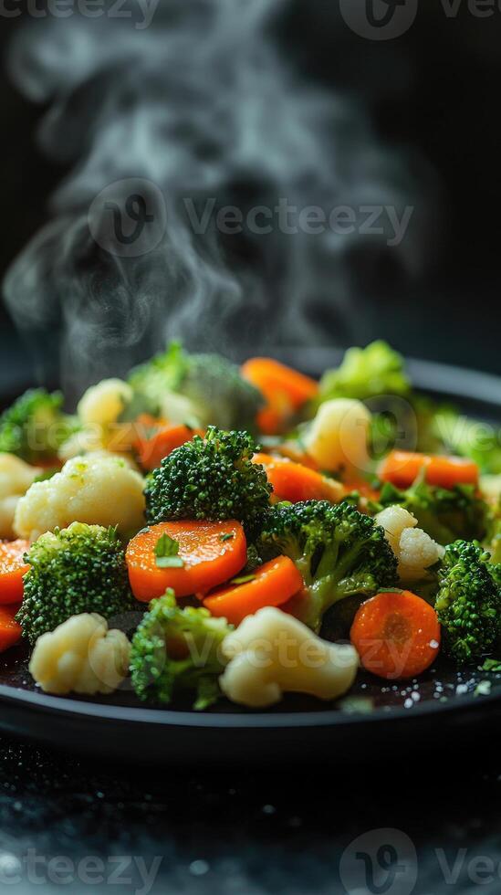 Steaming hot mixed vegetables of broccoli, carrots, and cauliflower. photo