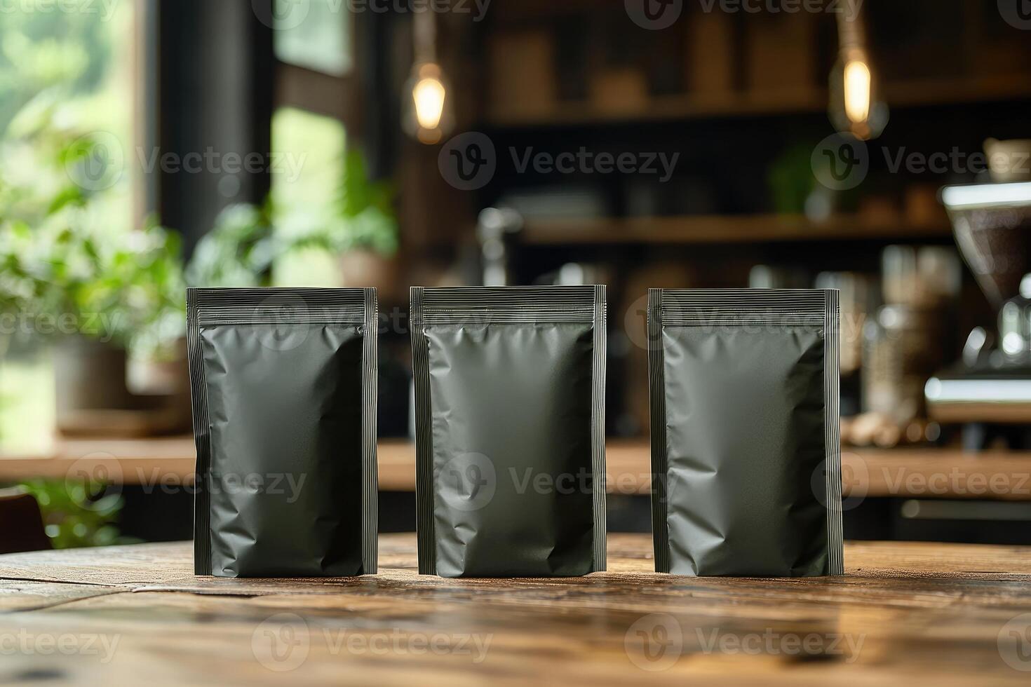 Three blank metallic coffee bags standing on wooden table in coffee shop photo