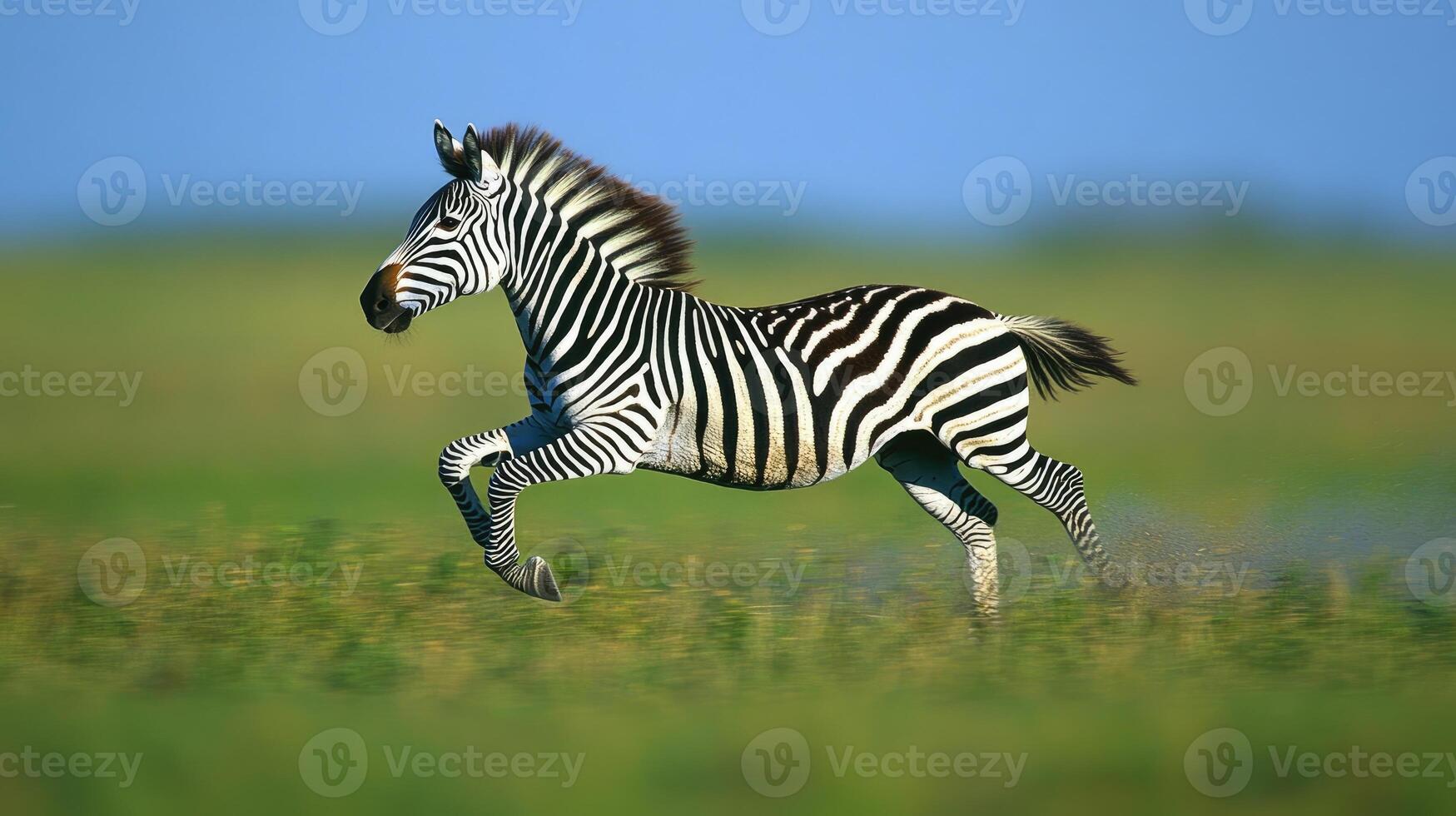 Zebra running fast on green grass in the african savanna photo