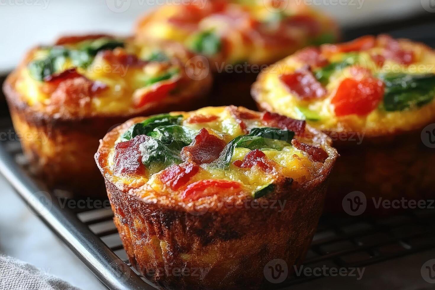 Delicious egg muffins with bacon, spinach and tomatoes cooling on a rack. photo