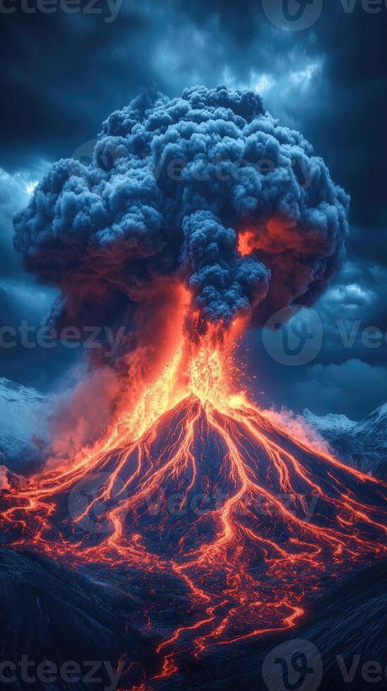 Volcano erupting with lava flowing downhill at night photo