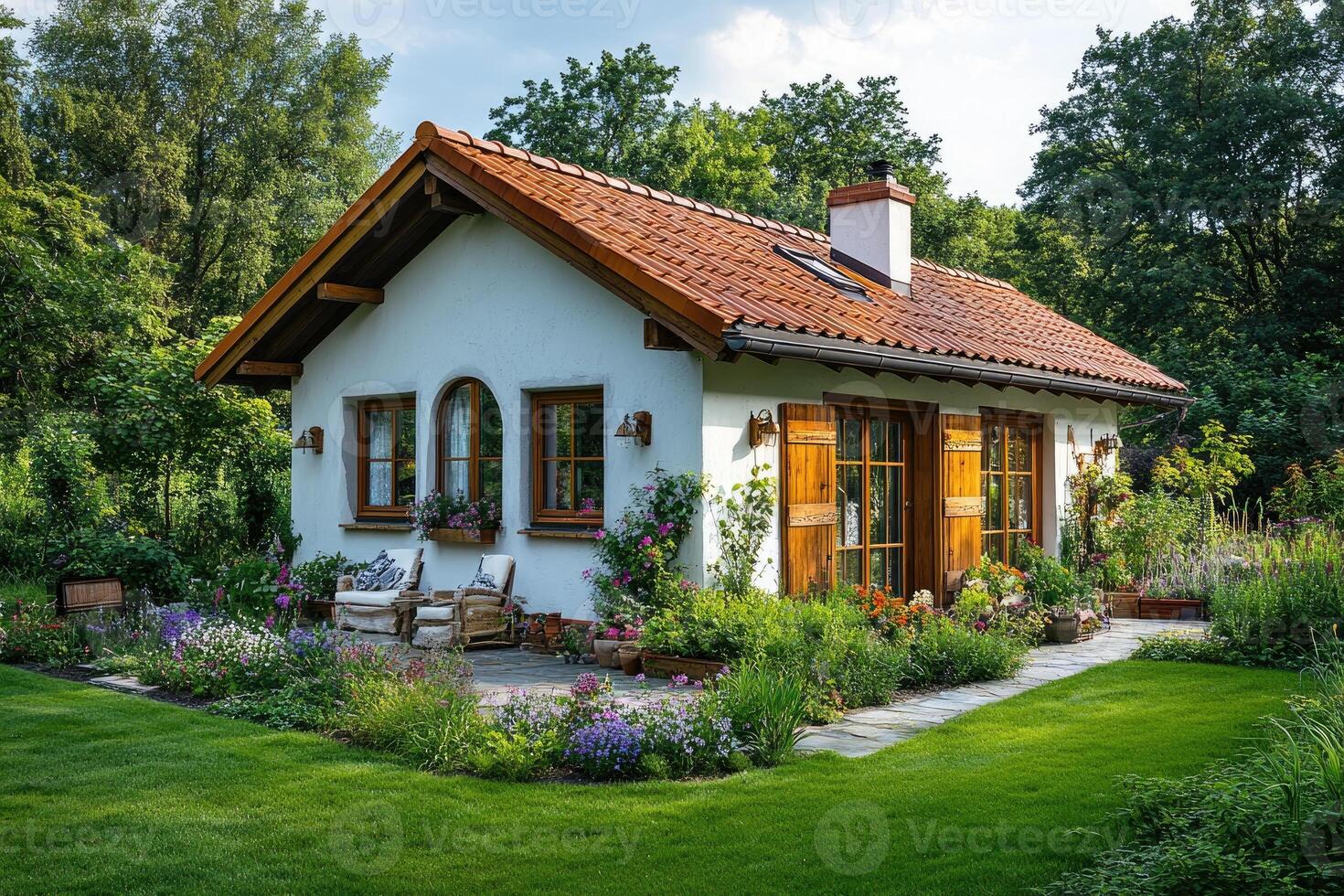 Idyllic white cottage with lush garden and wooden shutters in the countryside photo